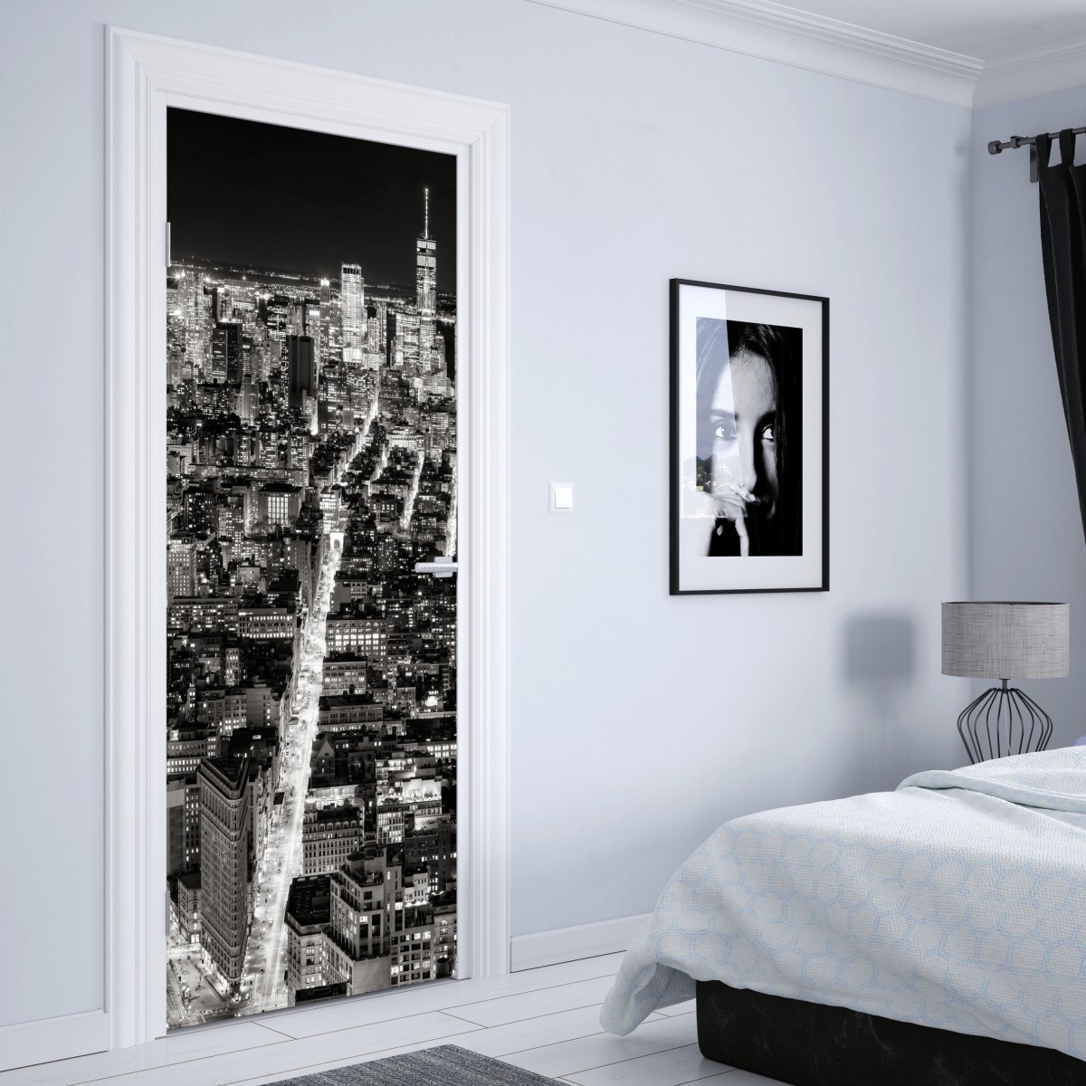 Naklejka na drzwi monochromatyczna panorama miasta nocą – Wallissimo® Naklejka na drzwi monochromatyczna panorama miasta nocą – Wallissimo®