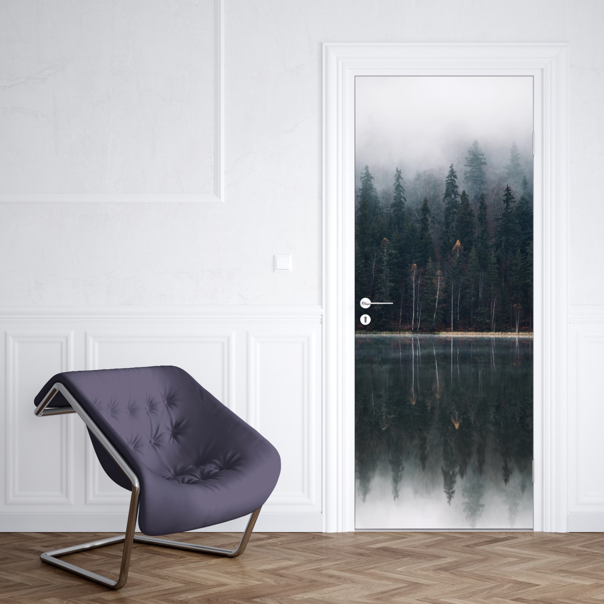 Naklejka na drzwi mglista refleksja w lesie – Wallissimo® Naklejka na drzwi mglista refleksja w lesie – Wallissimo®