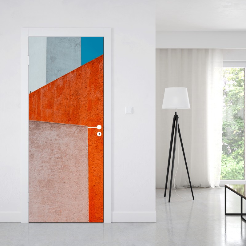 Naklejka na drzwi odważna geometryczna elewacja w pomarańczy i turkusie – Wallissimo® Naklejka na drzwi odważna geometryczna elewacja w pomarańczy i turkusie – Wallissimo®
