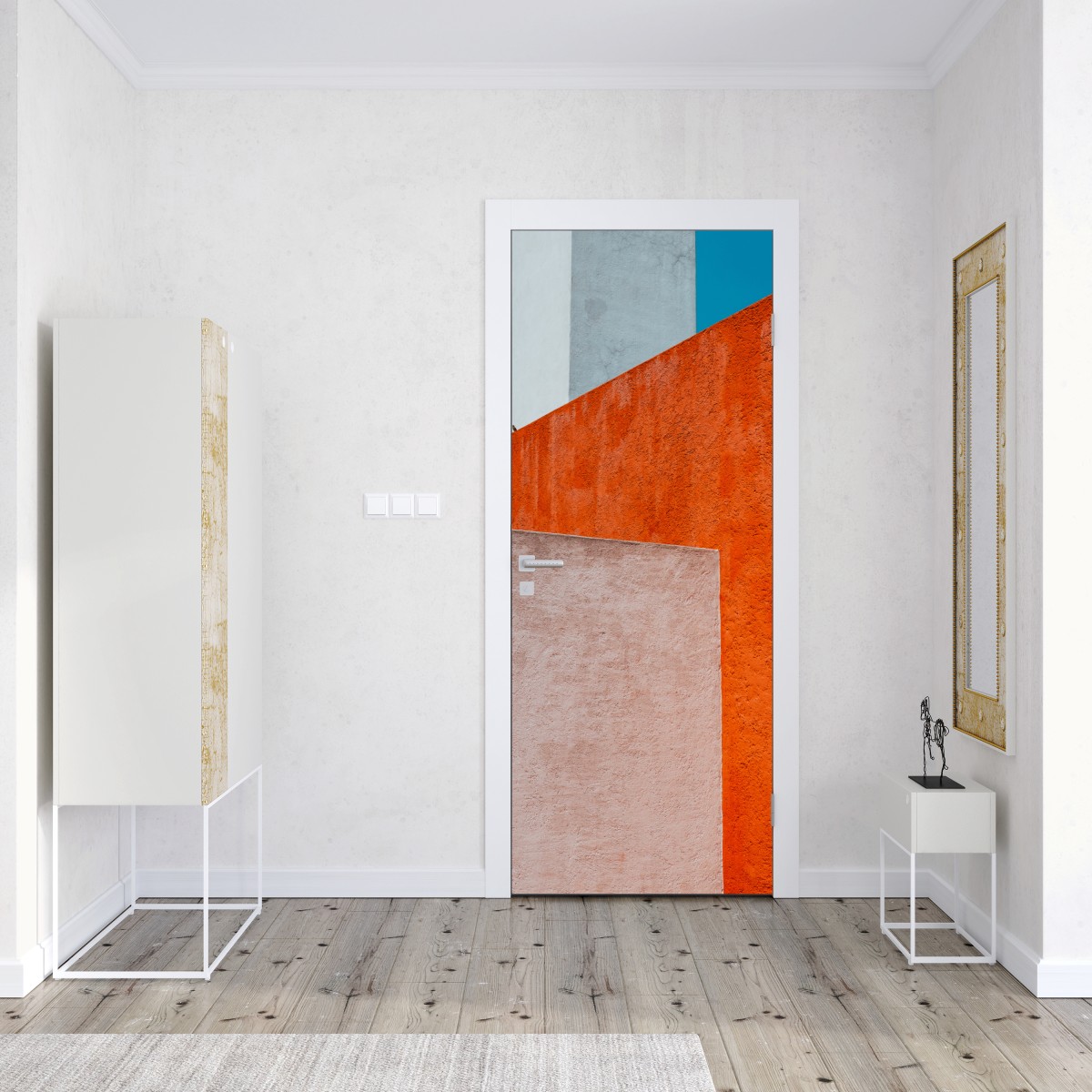 Naklejka na drzwi odważna geometryczna elewacja w pomarańczy i turkusie – Wallissimo® Naklejka na drzwi odważna geometryczna elewacja w pomarańczy i turkusie – Wallissimo®