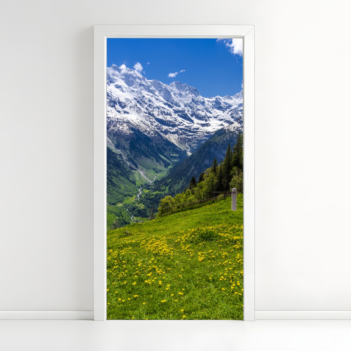 Door sticker alpine spring meadow under snowy peaks – Wallissimo®