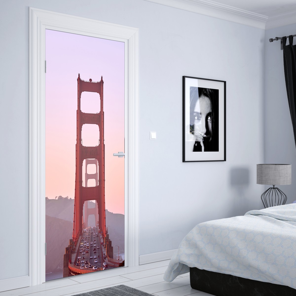 Naklejka na drzwi Golden Gate o pastelowym zachodzie słońca – Wallissimo® Naklejka na drzwi Golden Gate o pastelowym zachodzie słońca – Wallissimo®