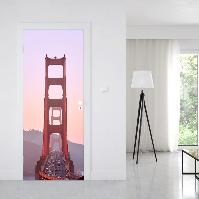 Naklejka na drzwi Golden Gate o pastelowym zachodzie słońca – Wallissimo® Naklejka na drzwi Golden Gate o pastelowym zachodzie słońca – Wallissimo®