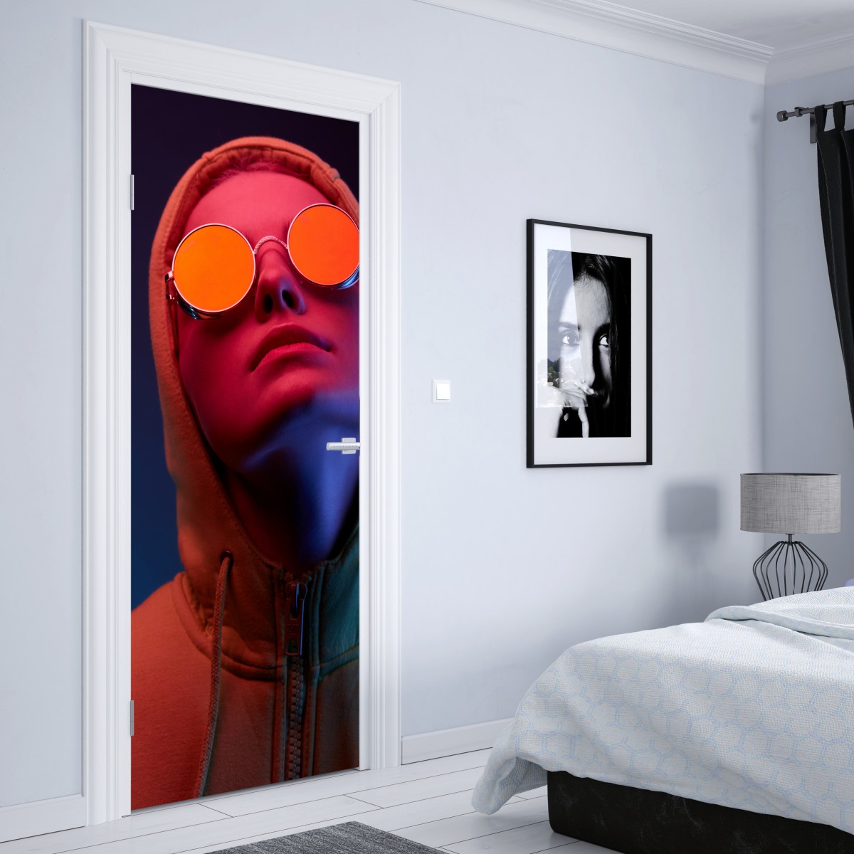 Naklejka na drzwi neonowy portret w okrągłych okularach – Wallissimo® Naklejka na drzwi neonowy portret w okrągłych okularach – Wallissimo®