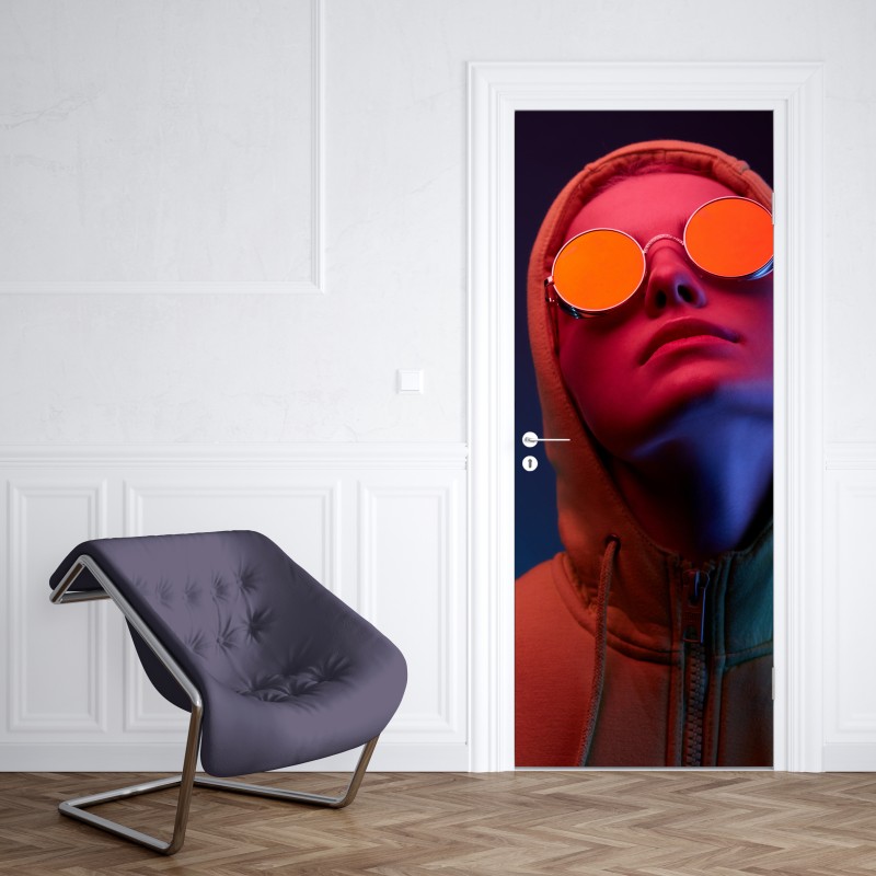 Naklejka na drzwi neonowy portret w okrągłych okularach – Wallissimo® Naklejka na drzwi neonowy portret w okrągłych okularach – Wallissimo®