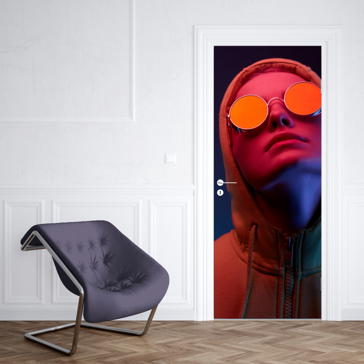 Naklejka na drzwi neonowy portret w okrągłych okularach – Wallissimo® Naklejka na drzwi neonowy portret w okrągłych okularach – Wallissimo®