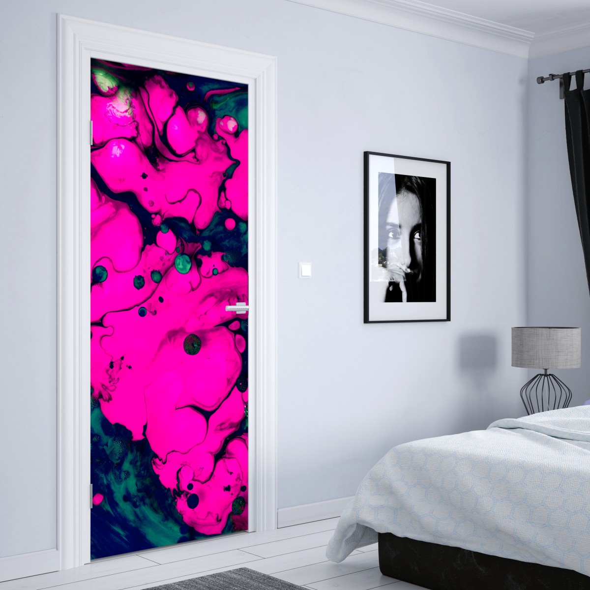 Naklejka na drzwi neonowa różowa abstrakcja płynna – Wallissimo® Naklejka na drzwi neonowa różowa abstrakcja płynna – Wallissimo®