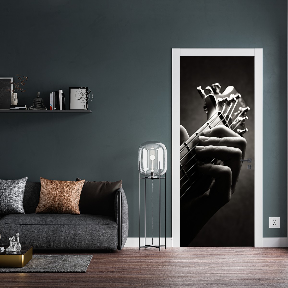 Naklejka na drzwi zbliżenie dłoni gitarzysty na gryfie – Wallissimo® Naklejka na drzwi zbliżenie dłoni gitarzysty na gryfie – Wallissimo®