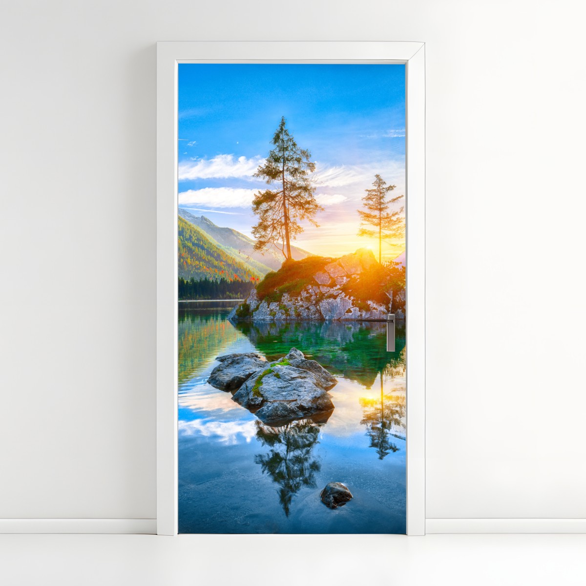 Door sticker sunset over Hintersee rock island – Wallissimo®