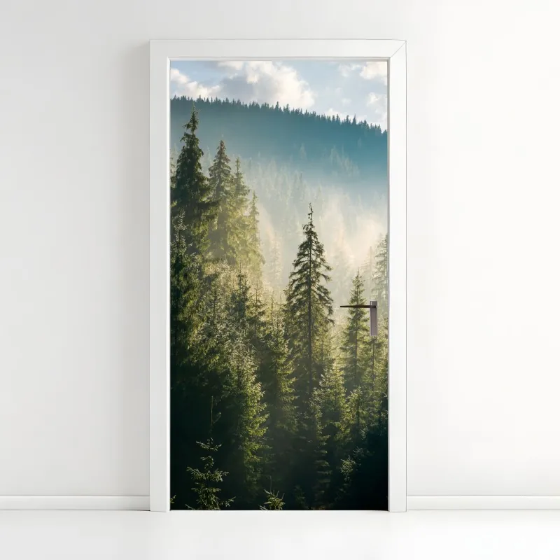 Naklejka na drzwi mglisty świerkowy las w porannym świetle
