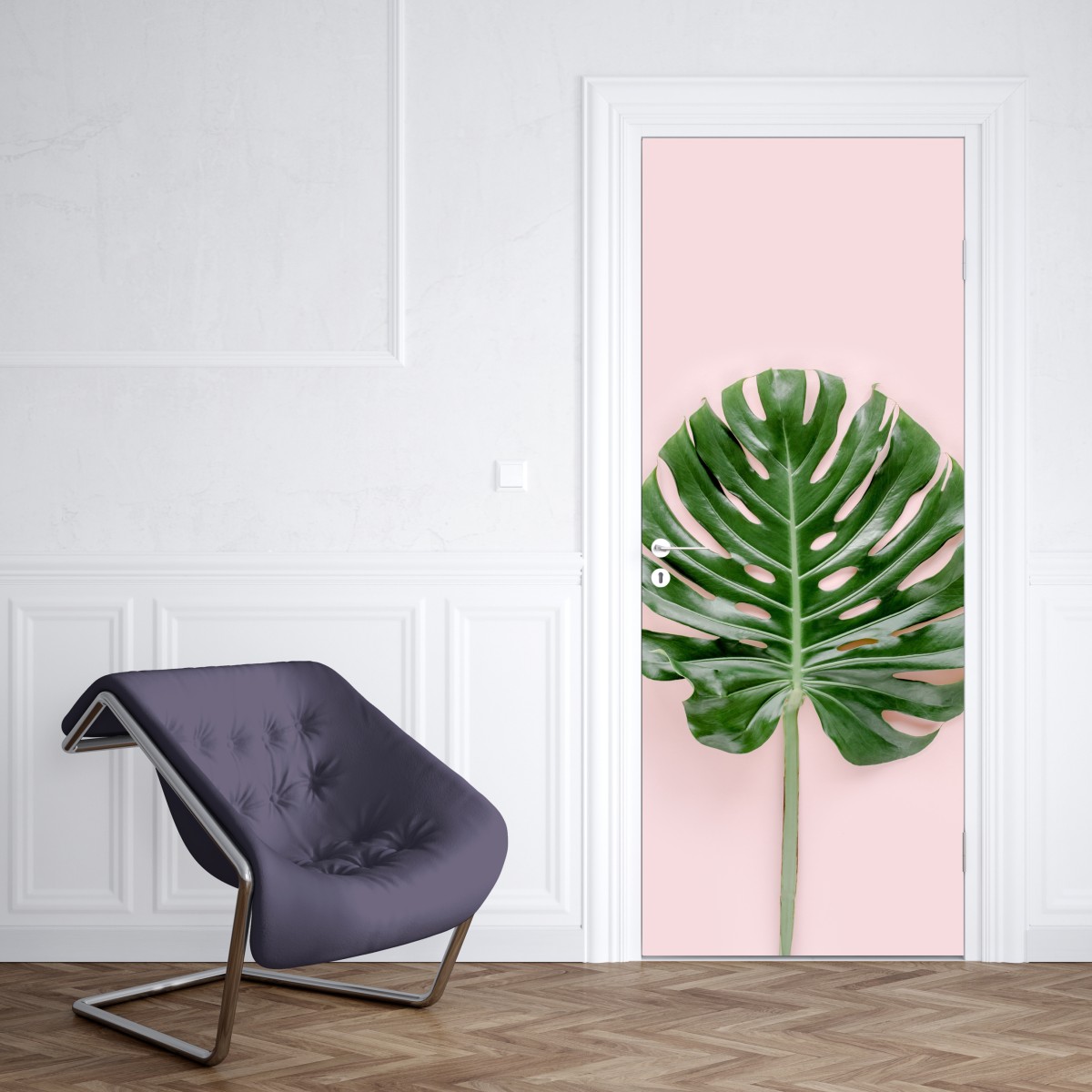 Naklejka na drzwi liść monstera na pastelowym różowym tle – Wallissimo® Naklejka na drzwi liść monstera na pastelowym różowym tle – Wallissimo®