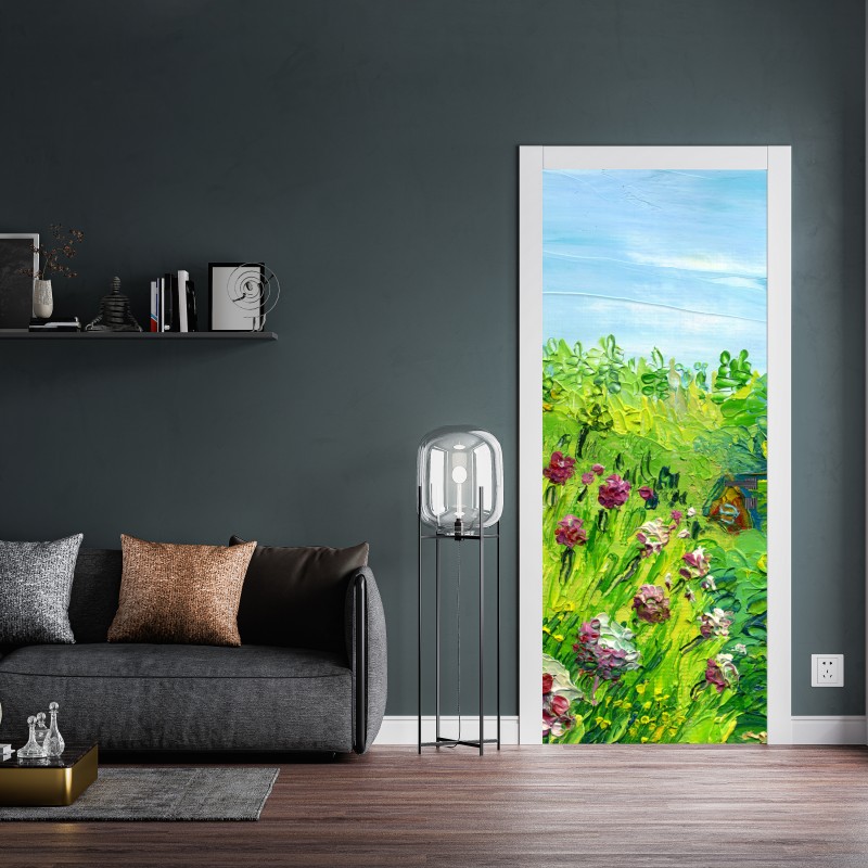 Naklejka na drzwi łąka piwonii wiosenna — impasto kwiatowy obraz – Wallissimo® Naklejka na drzwi łąka piwonii wiosenna — impasto kwiatowy obraz – Wallissimo®