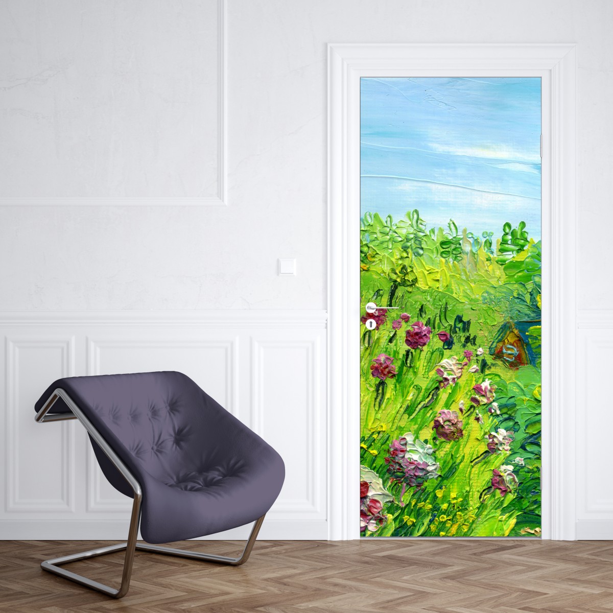 Naklejka na drzwi łąka piwonii wiosenna — impasto kwiatowy obraz – Wallissimo® Naklejka na drzwi łąka piwonii wiosenna — impasto kwiatowy obraz – Wallissimo®