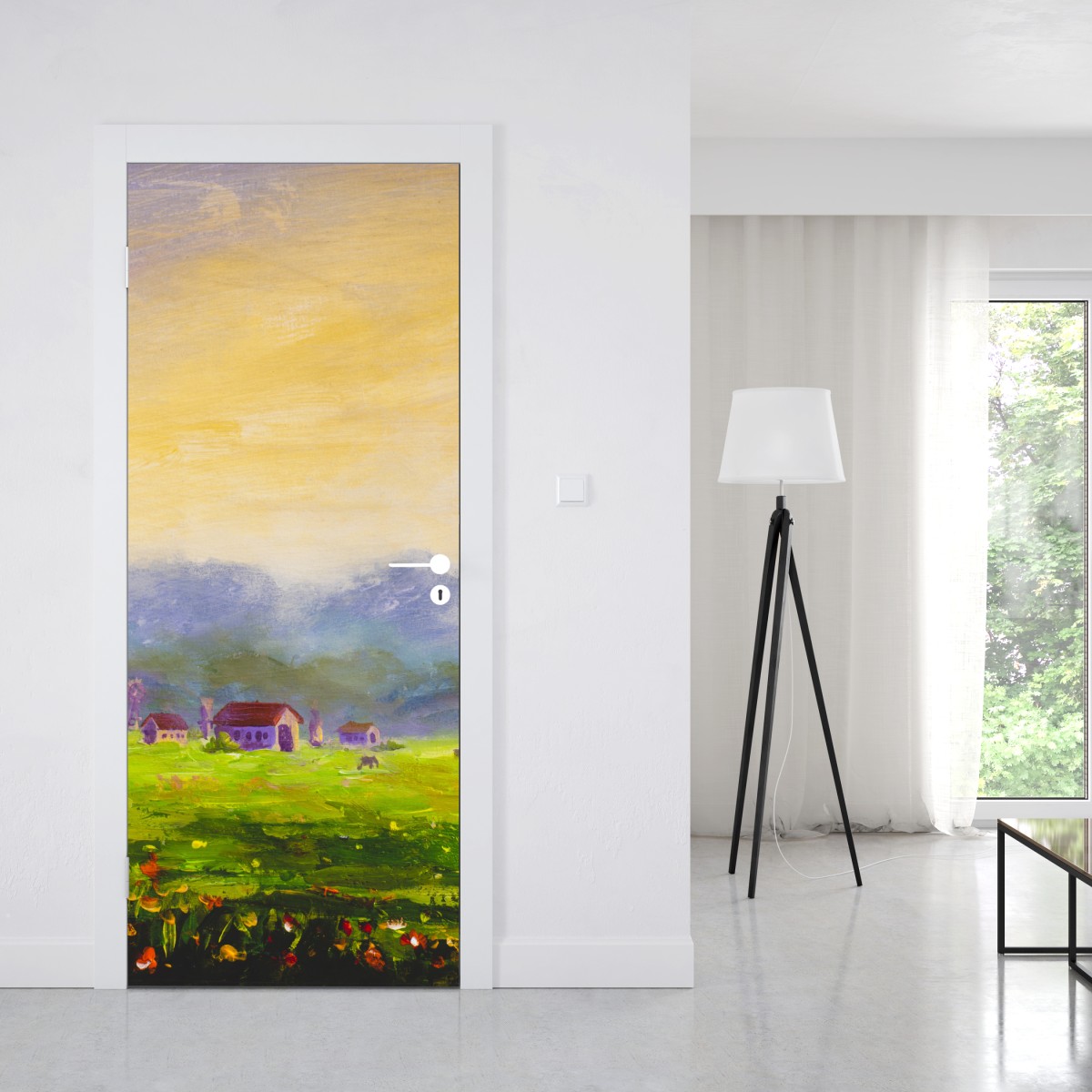 Naklejka na drzwi świt nad letnią łąką – Wallissimo® Naklejka na drzwi świt nad letnią łąką – Wallissimo®