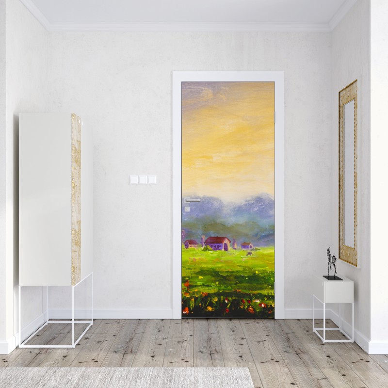 Naklejka na drzwi świt nad letnią łąką – Wallissimo® Naklejka na drzwi świt nad letnią łąką – Wallissimo®
