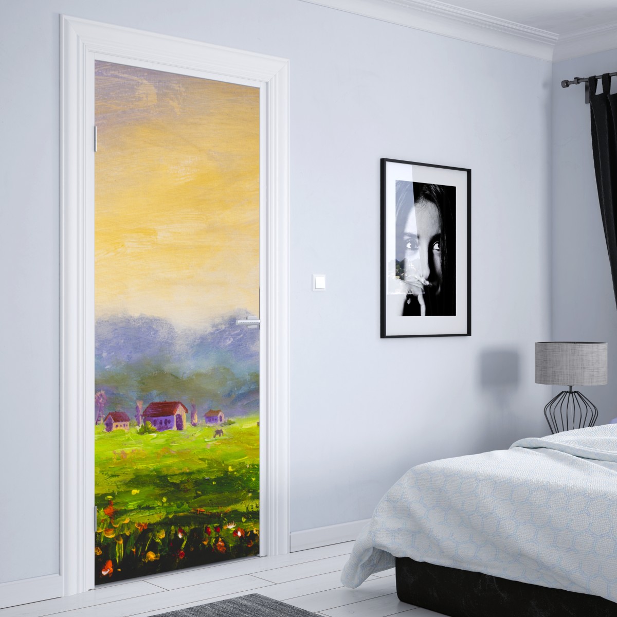 Naklejka na drzwi świt nad letnią łąką – Wallissimo® Naklejka na drzwi świt nad letnią łąką – Wallissimo®