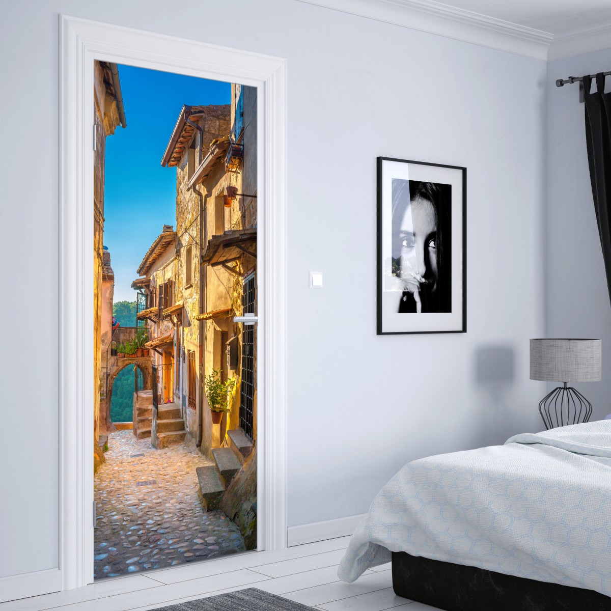 Naklejka na drzwi uliczka o zachodzie słońca w Toskanii – Wallissimo® Naklejka na drzwi uliczka o zachodzie słońca w Toskanii – Wallissimo®