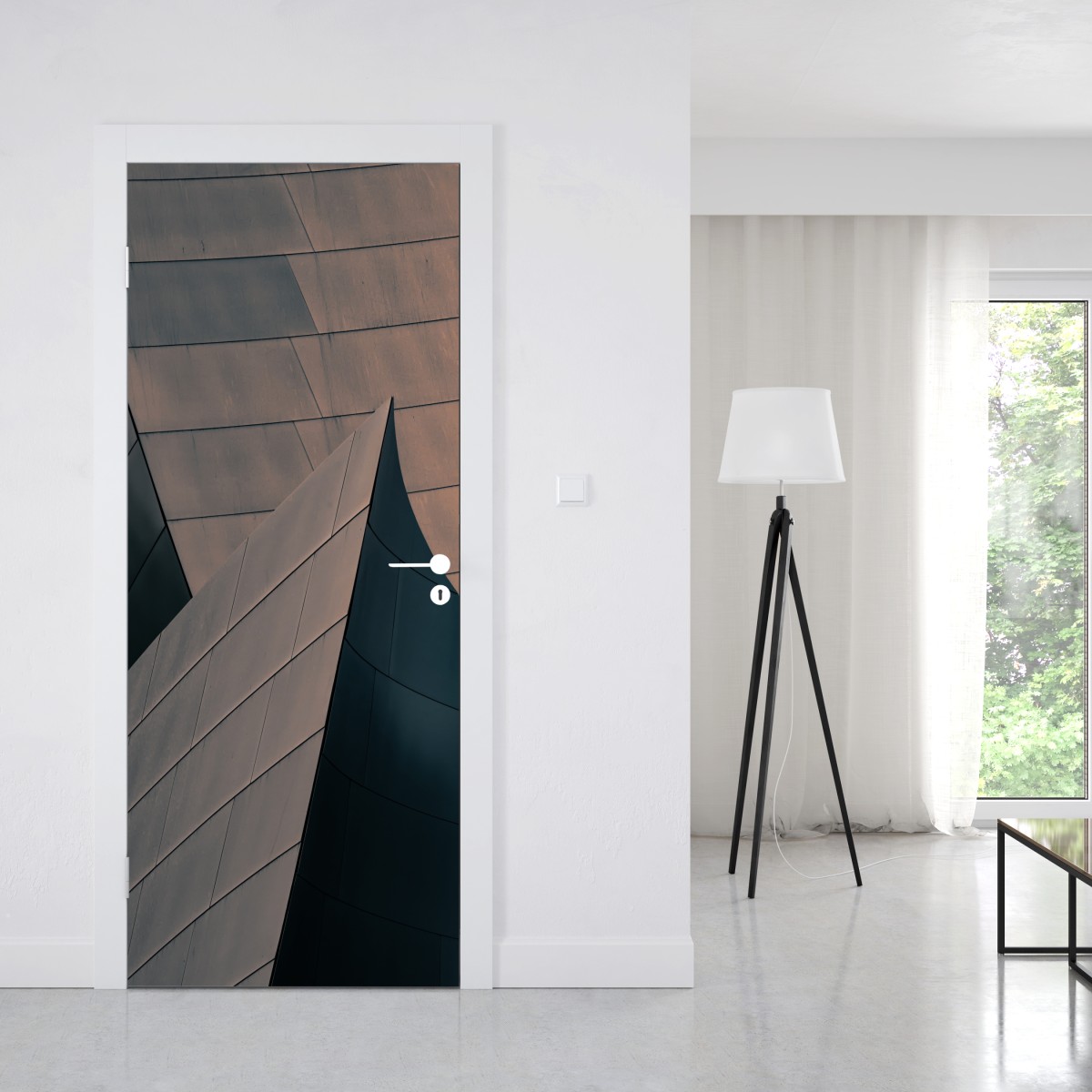 Naklejka na drzwi geometryczne formy architektoniczne w metalu – Wallissimo® Naklejka na drzwi geometryczne formy architektoniczne w metalu – Wallissimo®