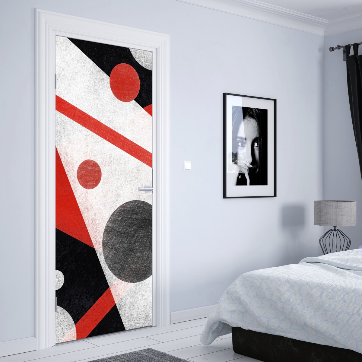 Naklejka na drzwi geometryczna abstrakcja w czerwieni i czerni – Wallissimo® Naklejka na drzwi geometryczna abstrakcja w czerwieni i czerni – Wallissimo®