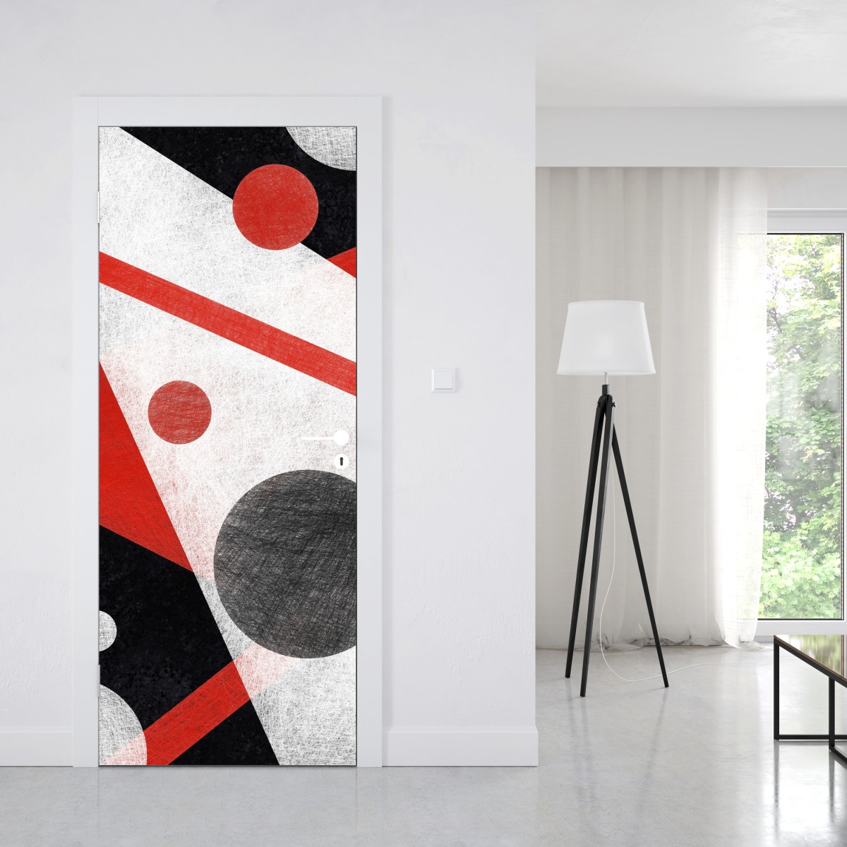 Naklejka na drzwi geometryczna abstrakcja w czerwieni i czerni – Wallissimo® Naklejka na drzwi geometryczna abstrakcja w czerwieni i czerni – Wallissimo®