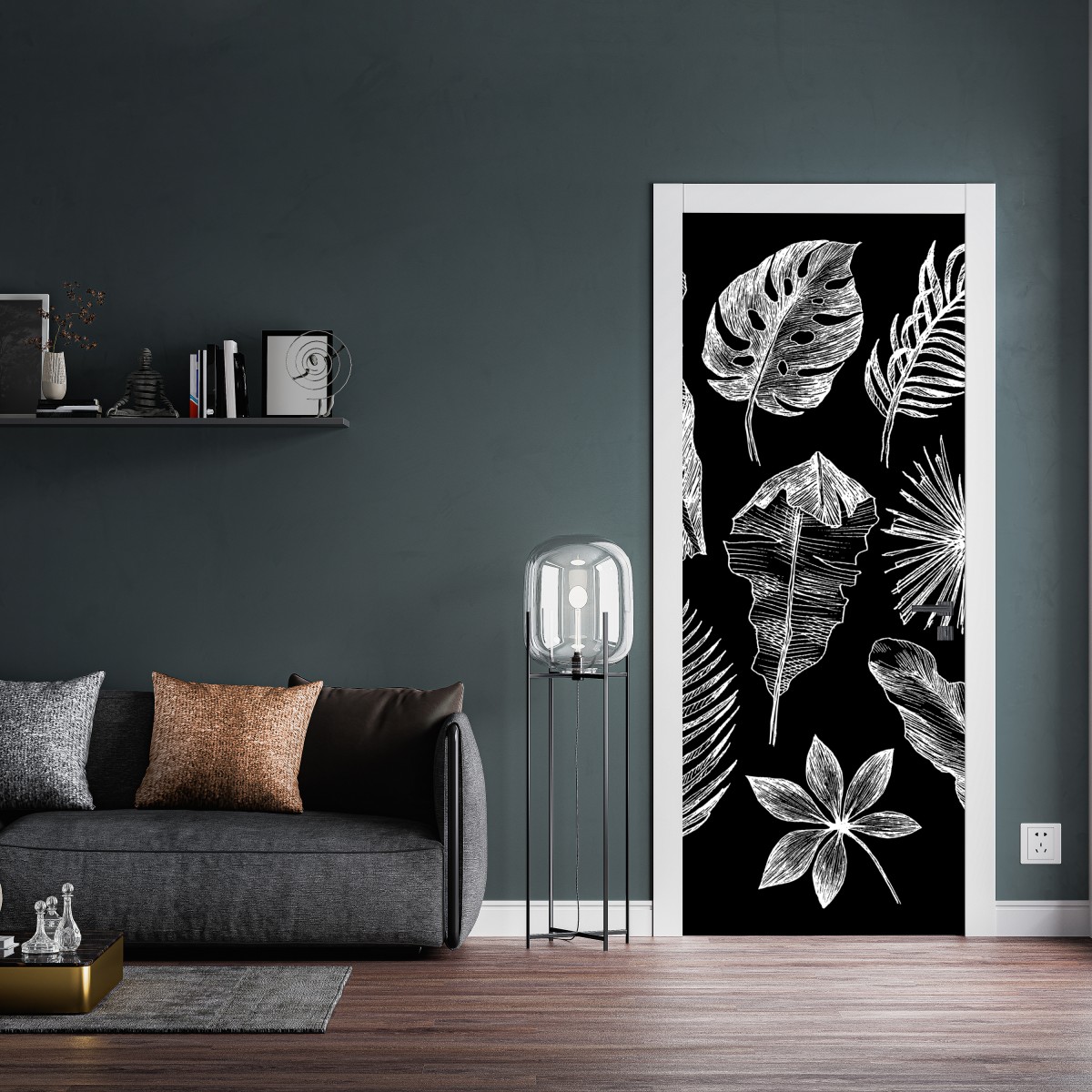 Naklejka na drzwi monochromatyczna kompozycja liści – Wallissimo® Naklejka na drzwi monochromatyczna kompozycja liści – Wallissimo®