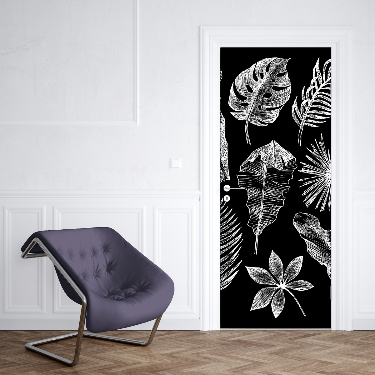 Naklejka na drzwi monochromatyczna kompozycja liści – Wallissimo® Naklejka na drzwi monochromatyczna kompozycja liści – Wallissimo®
