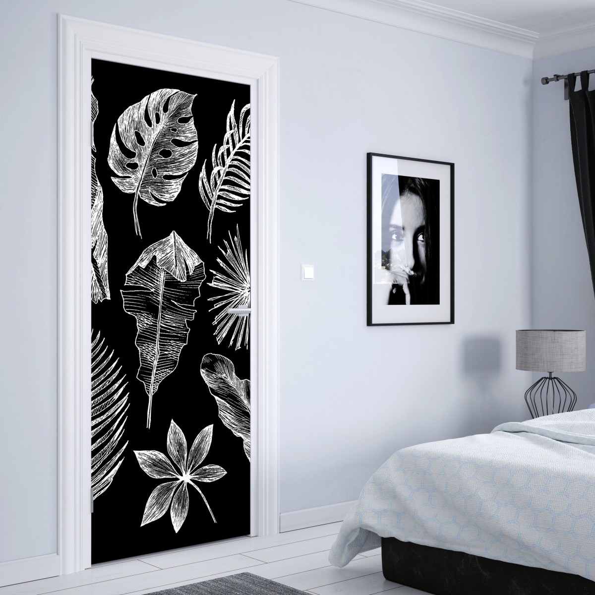 Naklejka na drzwi monochromatyczna kompozycja liści – Wallissimo® Naklejka na drzwi monochromatyczna kompozycja liści – Wallissimo®