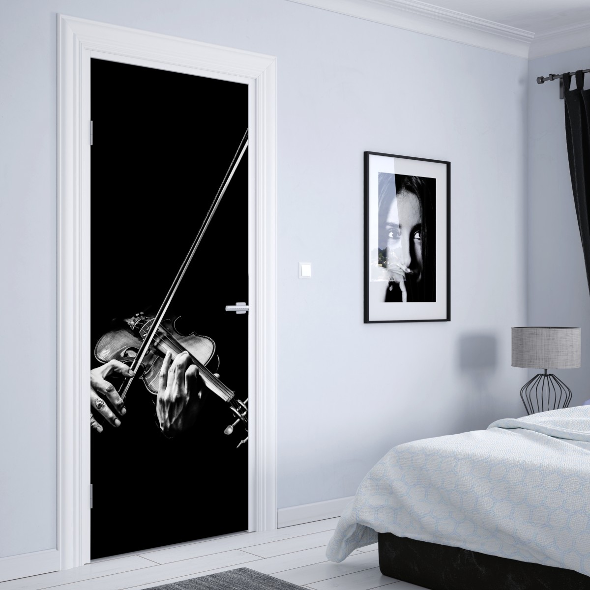Naklejka na drzwi monochromatyczne dłonie skrzypka – Wallissimo® Naklejka na drzwi monochromatyczne dłonie skrzypka – Wallissimo®