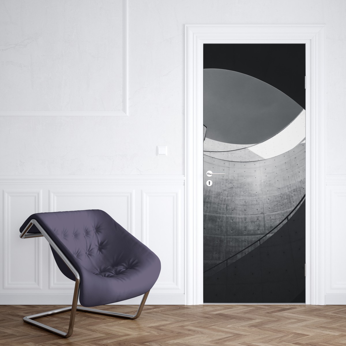 Naklejka na drzwi zakrzywione betonowe schody spiralne – Wallissimo® Naklejka na drzwi zakrzywione betonowe schody spiralne – Wallissimo®