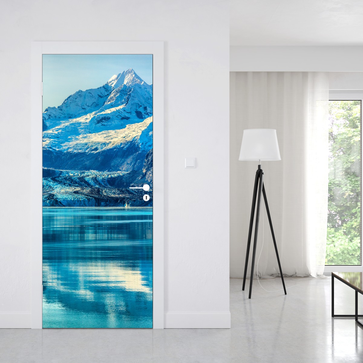 Naklejka na drzwi majestatyczny alpejski lodowiec w odbiciu – Wallissimo® Naklejka na drzwi majestatyczny alpejski lodowiec w odbiciu – Wallissimo®