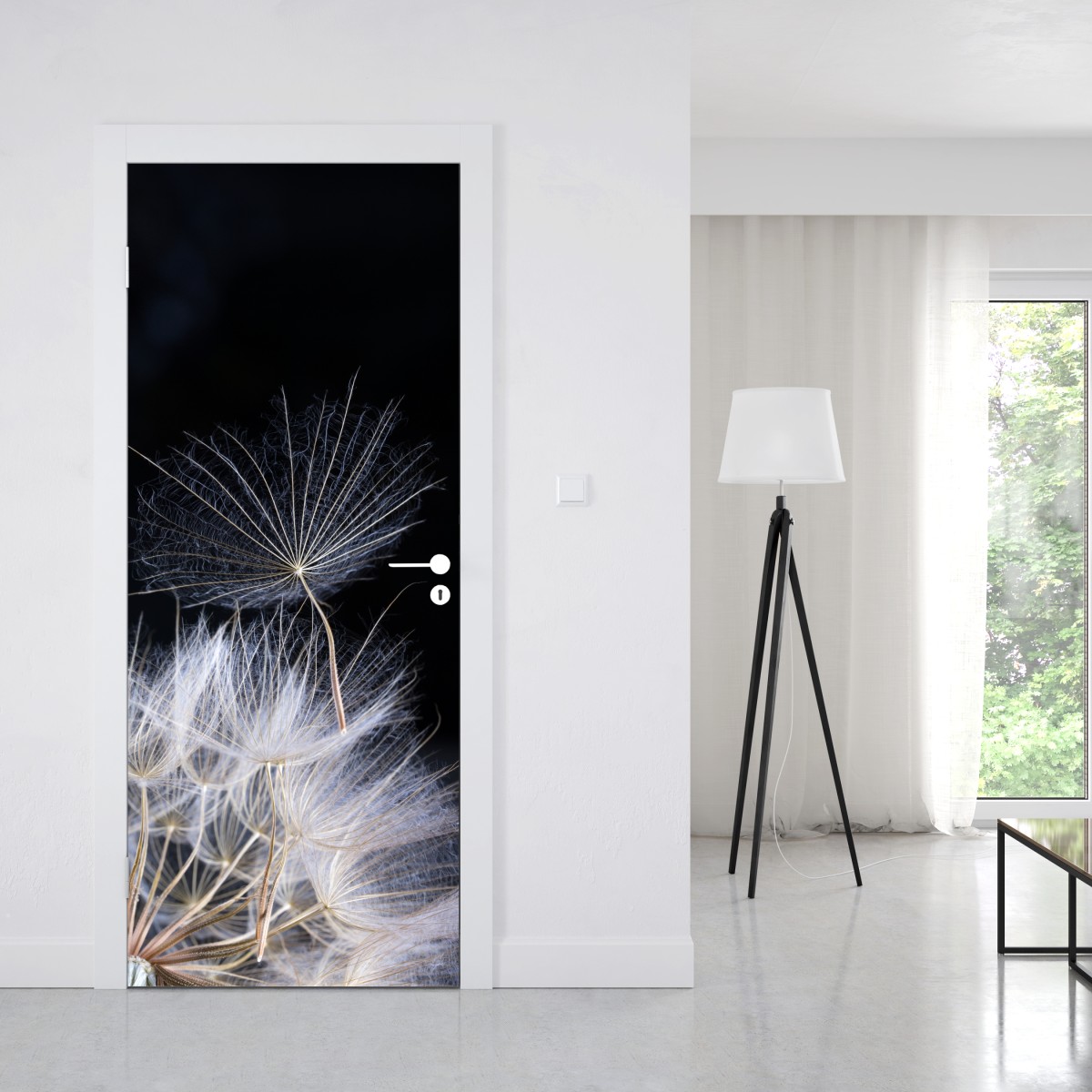 Naklejka na drzwi delikatne ziarno mniszka na czarnym tle – Wallissimo® Naklejka na drzwi delikatne ziarno mniszka na czarnym tle – Wallissimo®