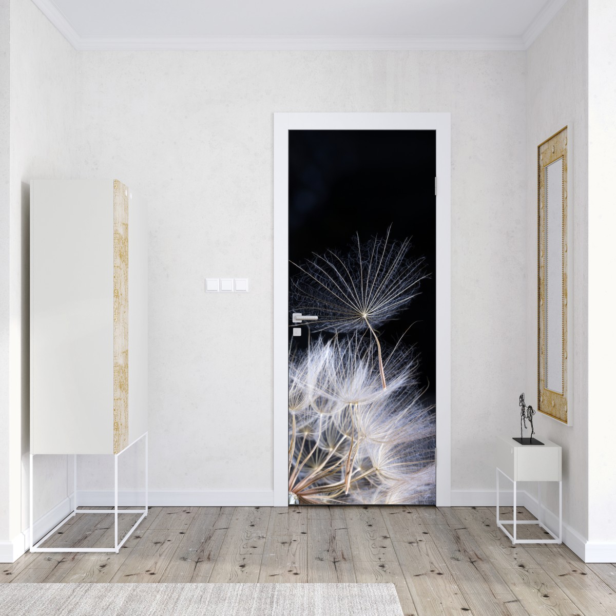 Naklejka na drzwi delikatne ziarno mniszka na czarnym tle – Wallissimo® Naklejka na drzwi delikatne ziarno mniszka na czarnym tle – Wallissimo®