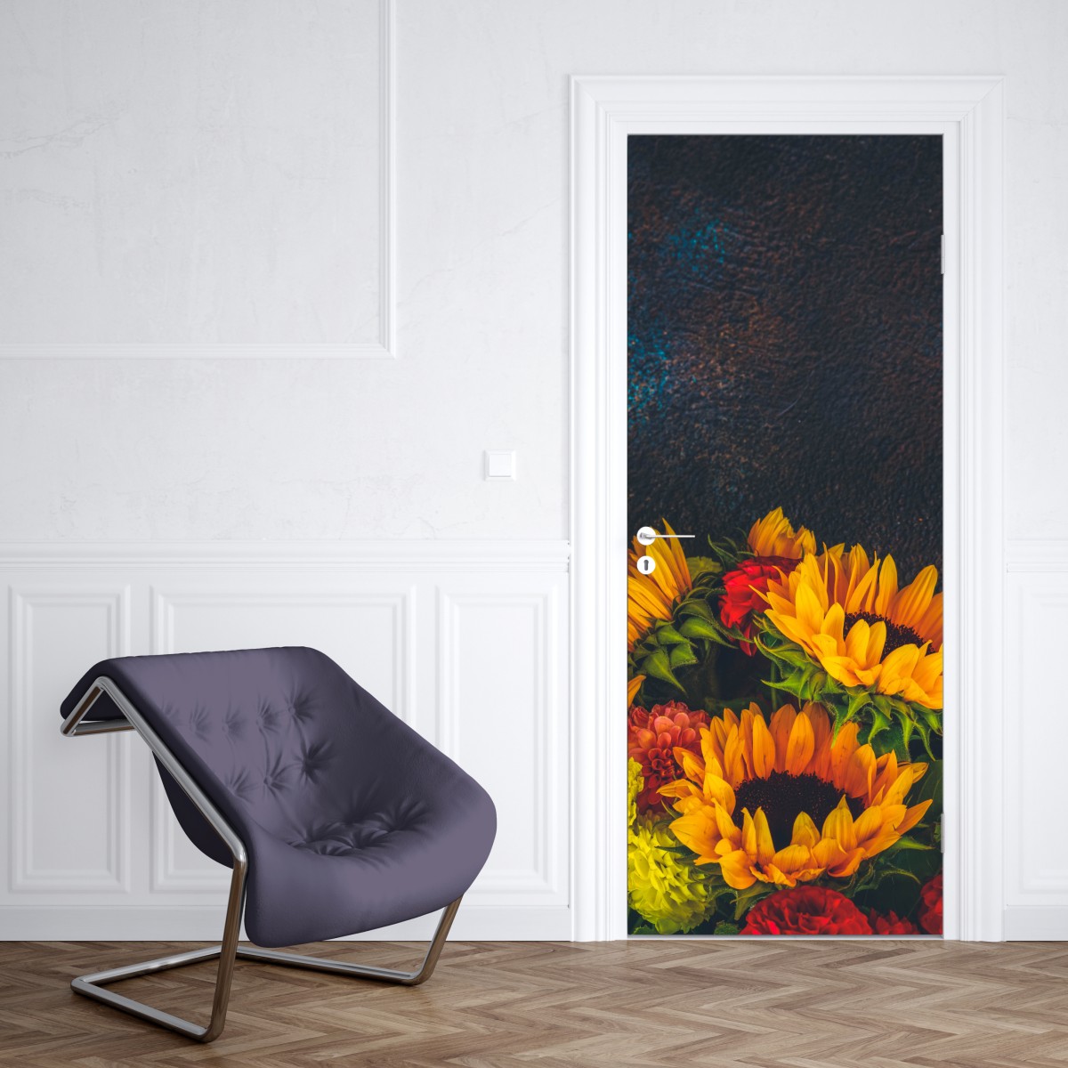 Naklejka na drzwi żywy bukiet słoneczników na ciemnym tle – Wallissimo® Naklejka na drzwi żywy bukiet słoneczników na ciemnym tle – Wallissimo®