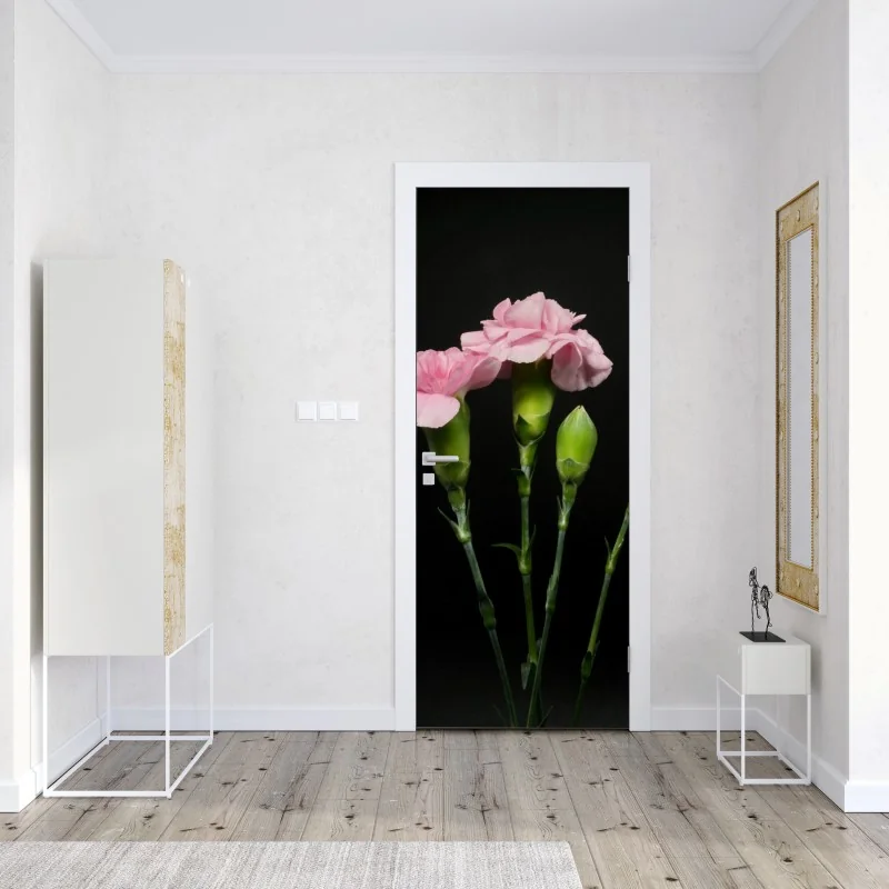 Naklejka na drzwi różowe goździki na czarnym tle – Wallissimo® Naklejka na drzwi różowe goździki na czarnym tle – Wallissimo®