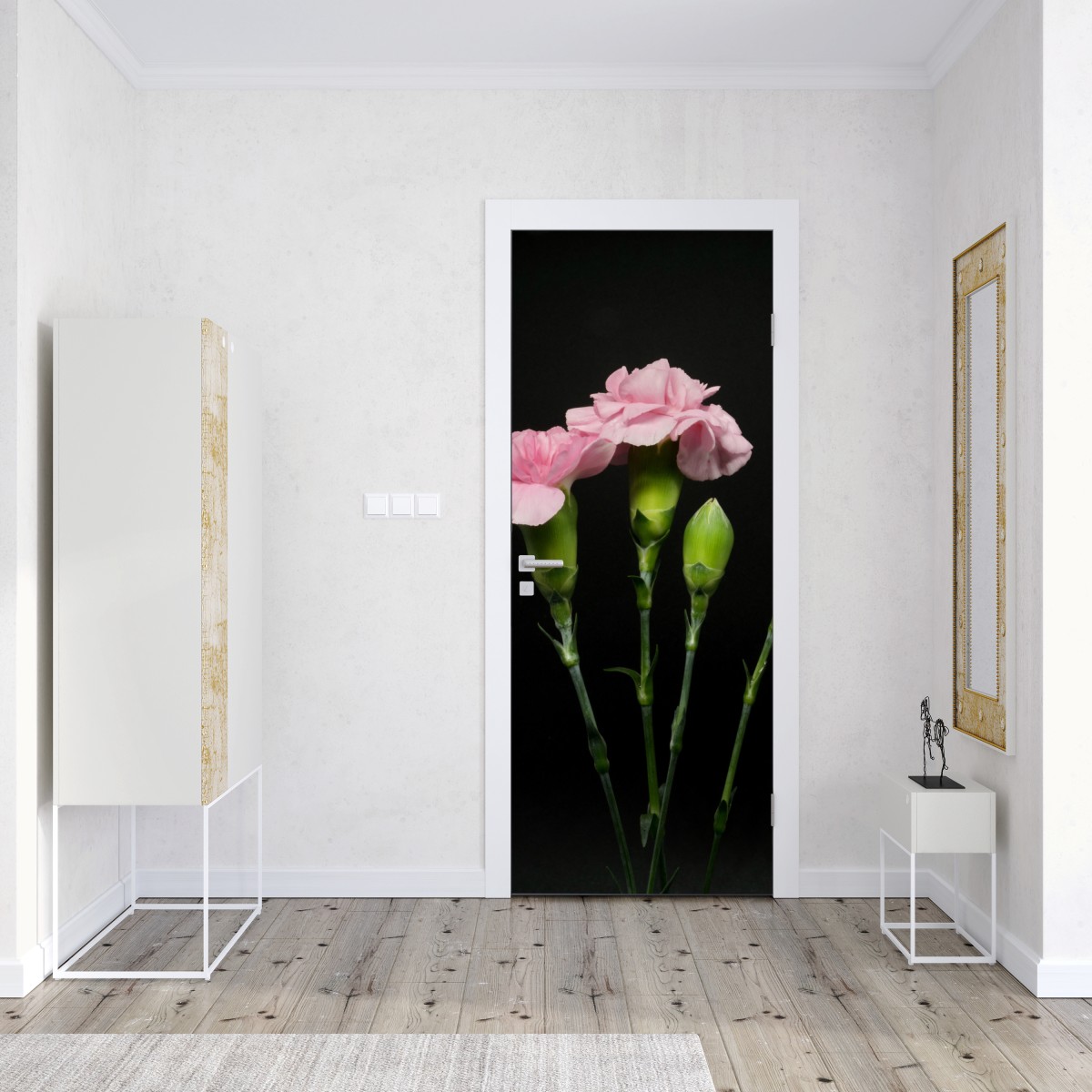Naklejka na drzwi różowe goździki na czarnym tle – Wallissimo® Naklejka na drzwi różowe goździki na czarnym tle – Wallissimo®