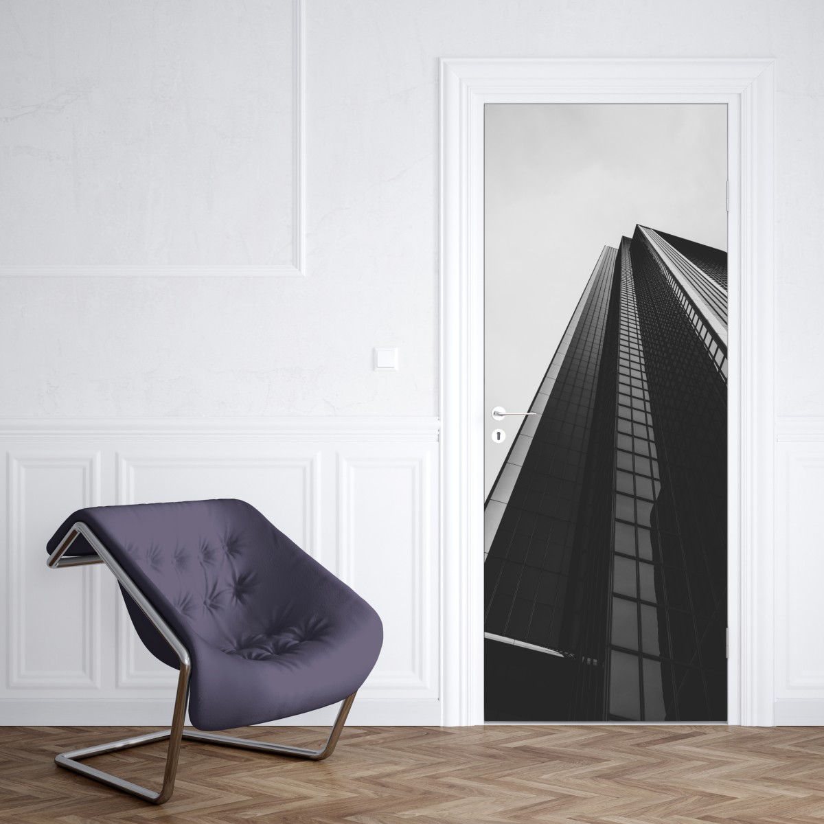Naklejka na drzwi monochromatyczny wieżowiec w perspektywie – Wallissimo® Naklejka na drzwi monochromatyczny wieżowiec w perspektywie – Wallissimo®