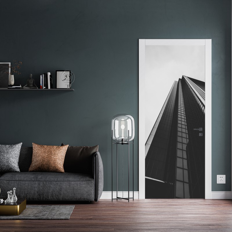 Naklejka na drzwi monochromatyczny wieżowiec w perspektywie – Wallissimo® Naklejka na drzwi monochromatyczny wieżowiec w perspektywie – Wallissimo®