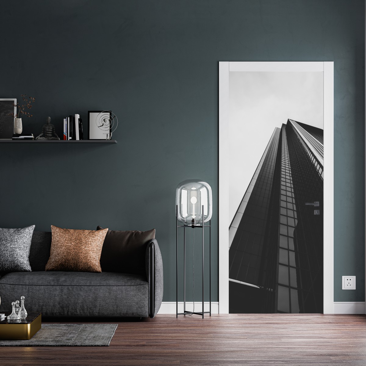 Naklejka na drzwi monochromatyczny wieżowiec w perspektywie – Wallissimo® Naklejka na drzwi monochromatyczny wieżowiec w perspektywie – Wallissimo®