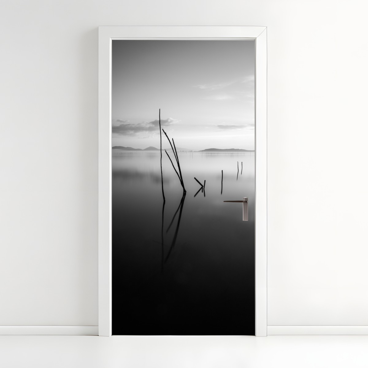 Door sticker tranquil monochrome lake with reflections – Wallissimo®