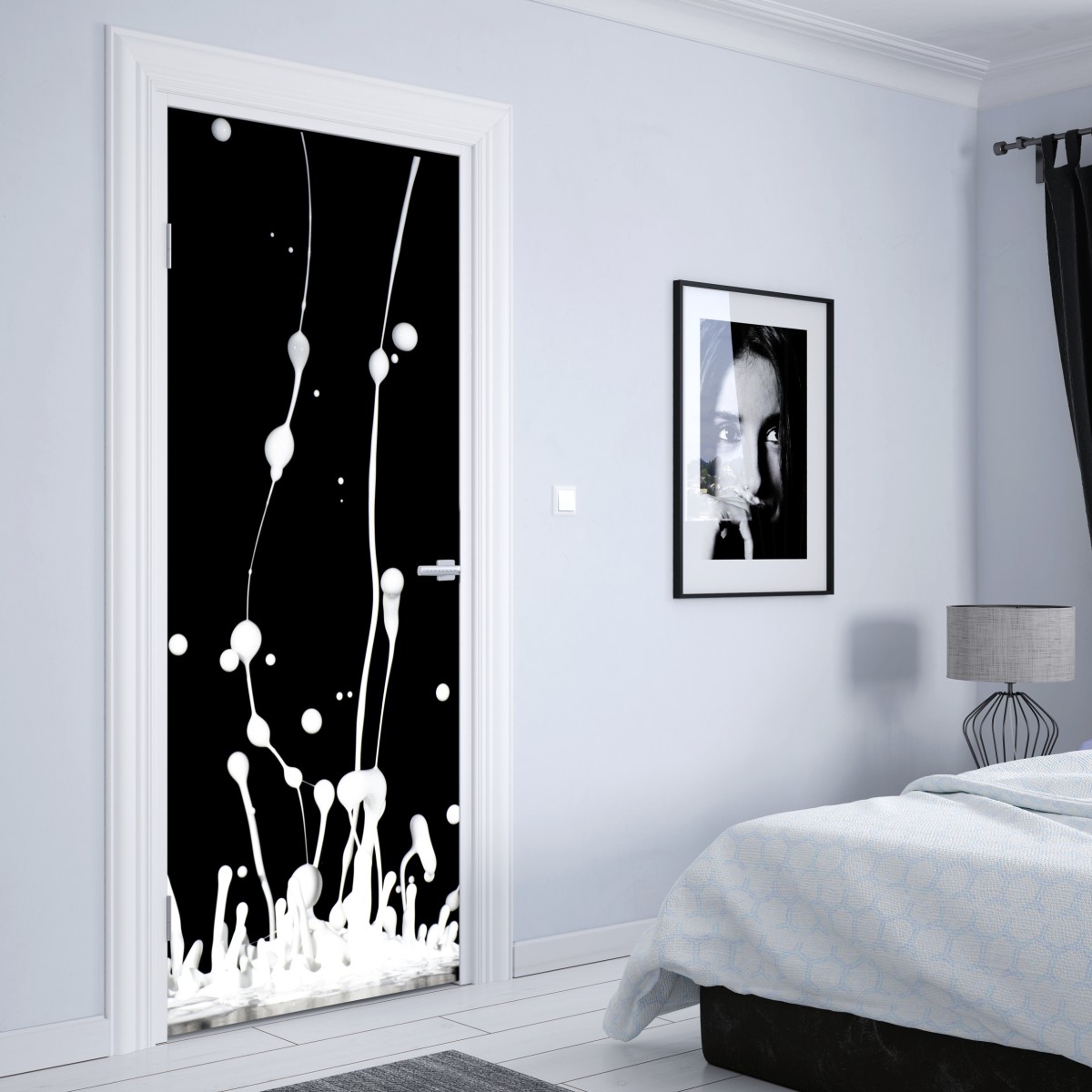 Naklejka na drzwi biały rozprysk na czarnym tle – Wallissimo® Naklejka na drzwi biały rozprysk na czarnym tle – Wallissimo®