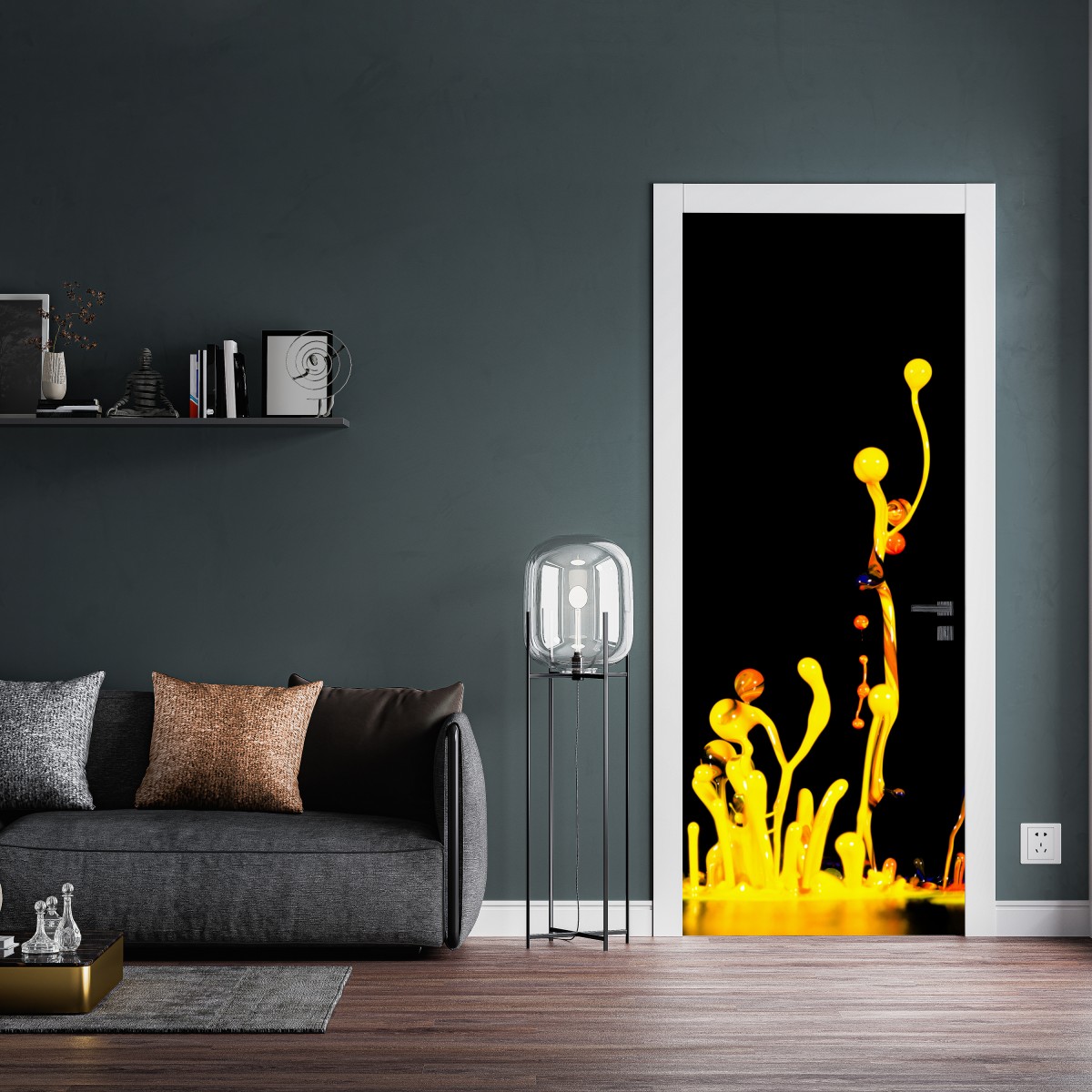 Naklejka na drzwi intensywny żółty rozbryzg farby na czarnym tle – Wallissimo® Naklejka na drzwi intensywny żółty rozbryzg farby na czarnym tle – Wallissimo®