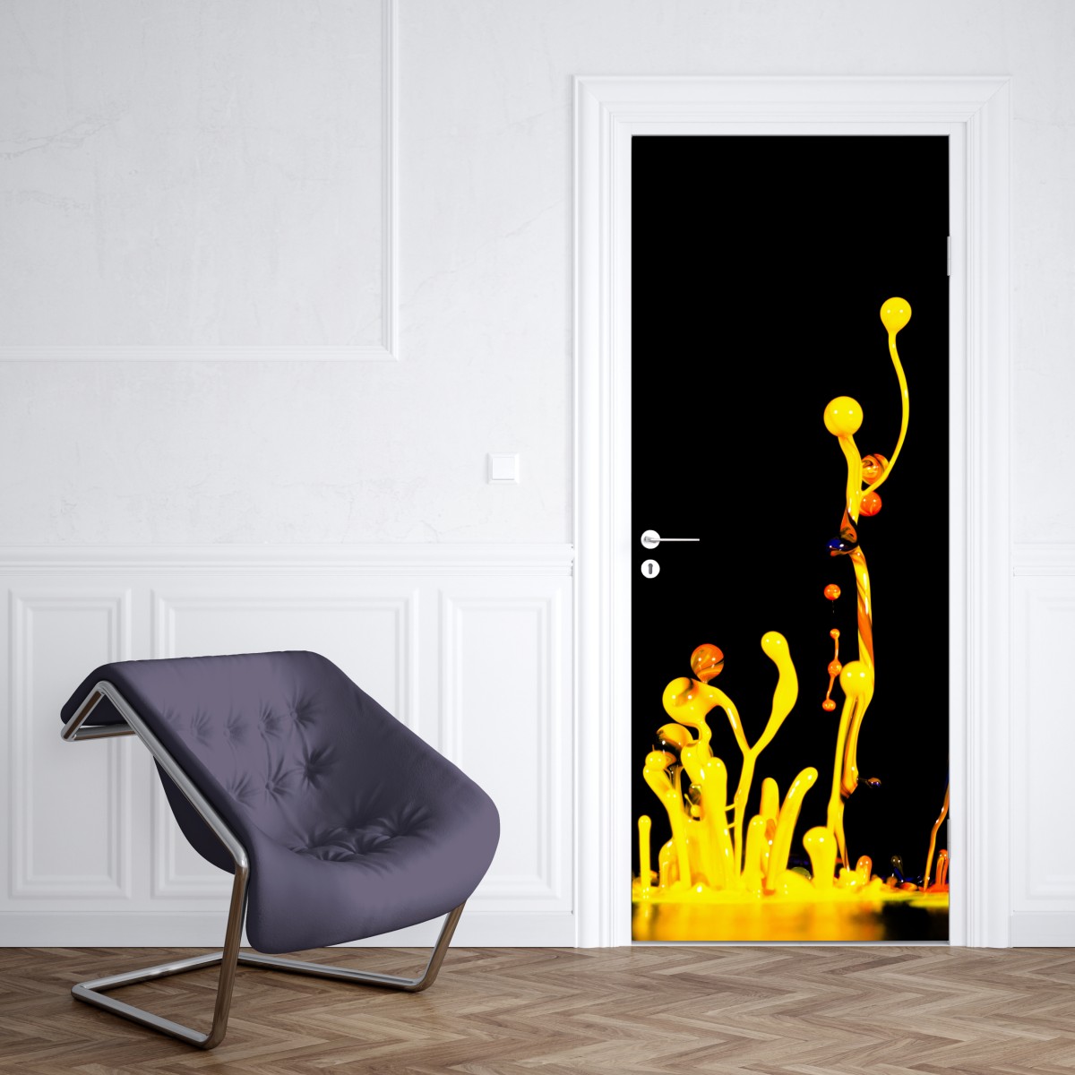 Naklejka na drzwi intensywny żółty rozbryzg farby na czarnym tle – Wallissimo® Naklejka na drzwi intensywny żółty rozbryzg farby na czarnym tle – Wallissimo®