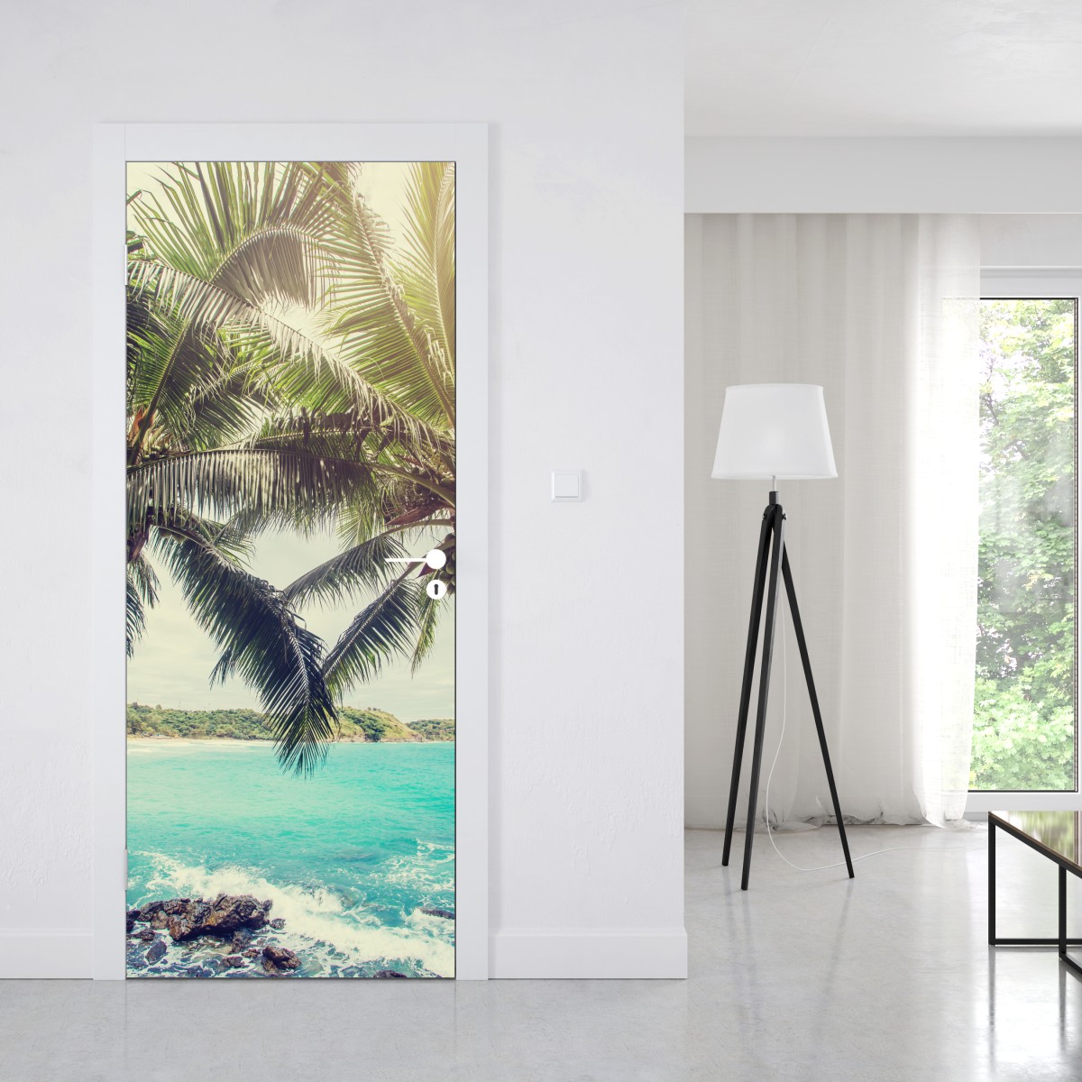 Naklejka na drzwi tropikalne palmy kokosowe nad turkusowym morzem – Wallissimo® Naklejka na drzwi tropikalne palmy kokosowe nad turkusowym morzem – Wallissimo®