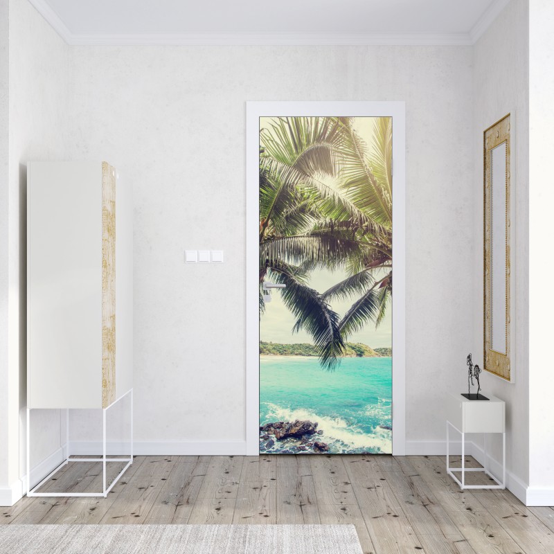 Naklejka na drzwi tropikalne palmy kokosowe nad turkusowym morzem – Wallissimo® Naklejka na drzwi tropikalne palmy kokosowe nad turkusowym morzem – Wallissimo®