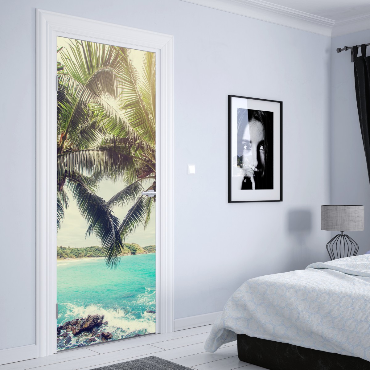 Naklejka na drzwi tropikalne palmy kokosowe nad turkusowym morzem – Wallissimo® Naklejka na drzwi tropikalne palmy kokosowe nad turkusowym morzem – Wallissimo®