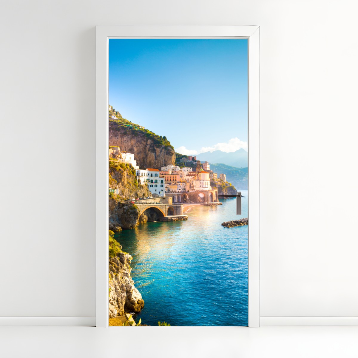 Door sticker sunlit coastal cliffside village – Wallissimo®