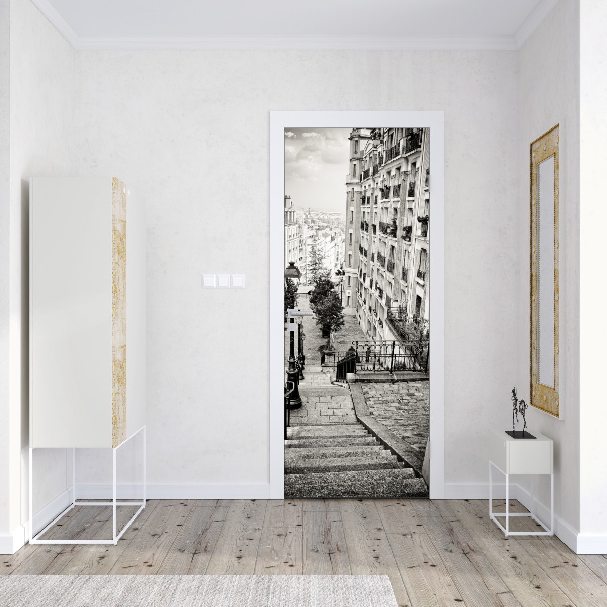 Naklejka na drzwi paryskie schody w monochromie – Wallissimo® Naklejka na drzwi paryskie schody w monochromie – Wallissimo®
