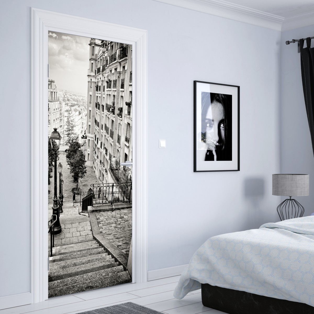 Naklejka na drzwi paryskie schody w monochromie – Wallissimo® Naklejka na drzwi paryskie schody w monochromie – Wallissimo®