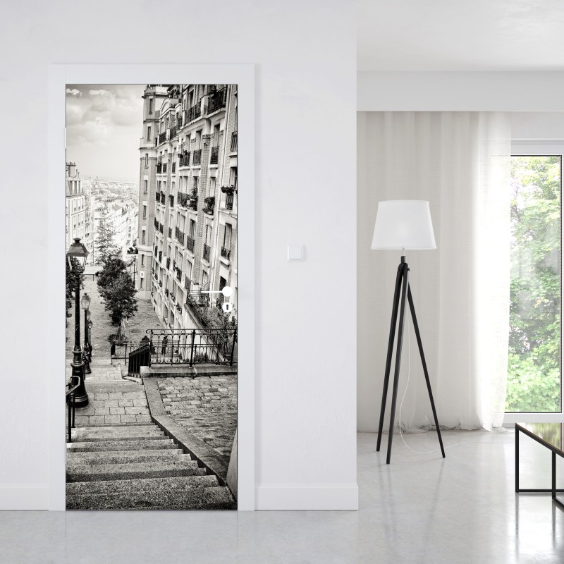 Naklejka na drzwi paryskie schody w monochromie – Wallissimo® Naklejka na drzwi paryskie schody w monochromie – Wallissimo®
