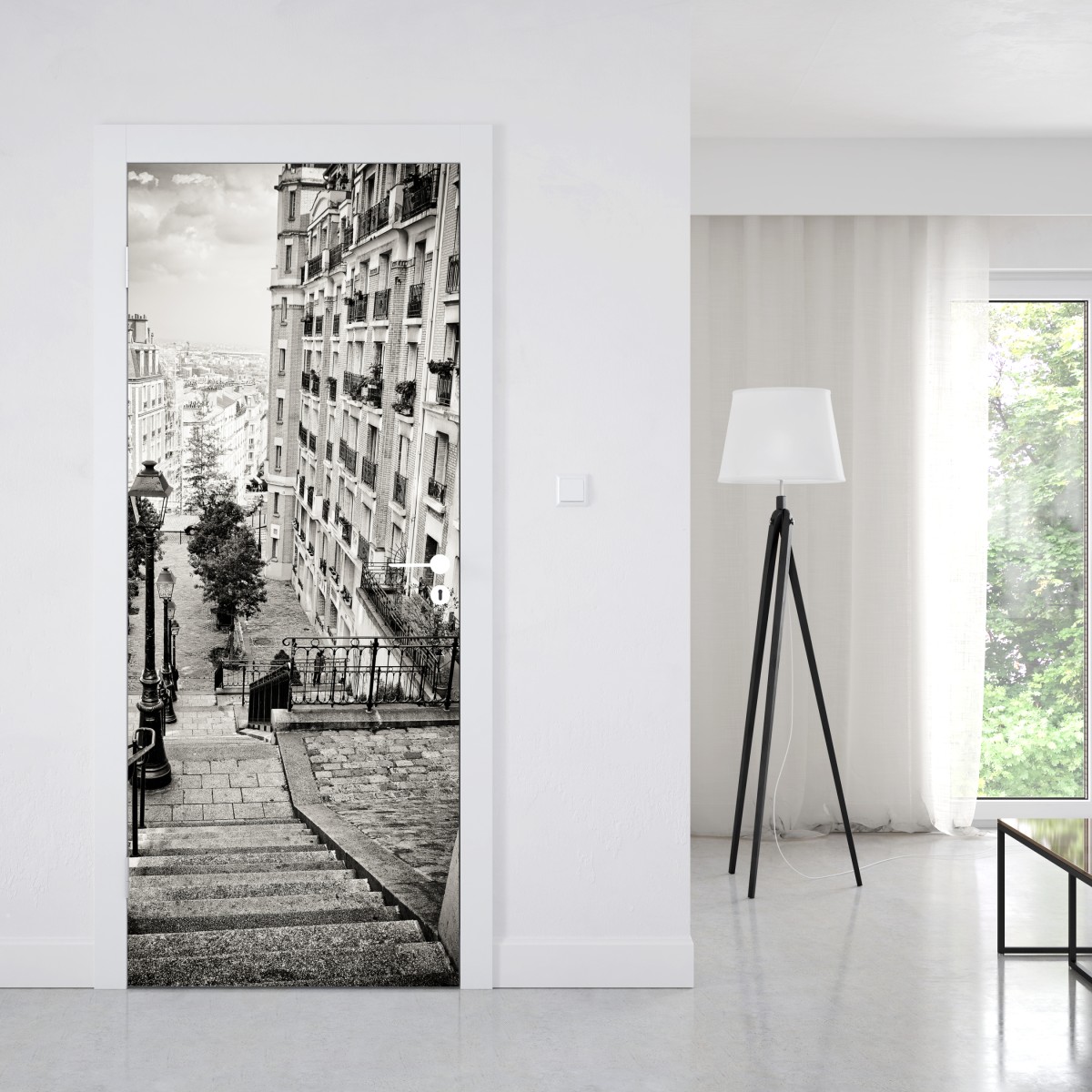 Naklejka na drzwi paryskie schody w monochromie – Wallissimo® Naklejka na drzwi paryskie schody w monochromie – Wallissimo®